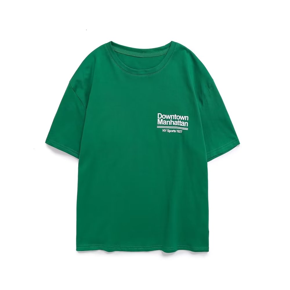 Green Printed T shirt Loose Casual round Neck Short Sleeves Women Summer