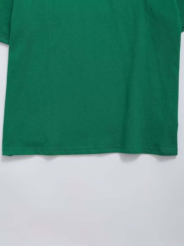 Green Printed T shirt Loose Casual round Neck Short Sleeves Women Summer