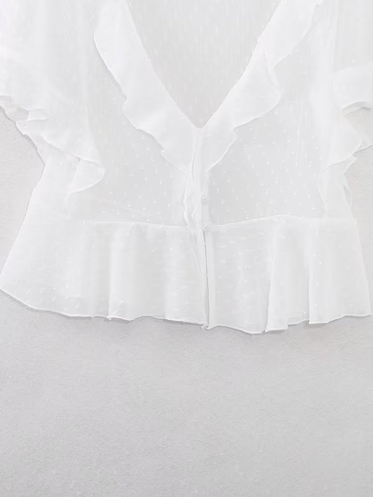 Summer Wind Women V neck Laminated Decoration Tulle Shirt