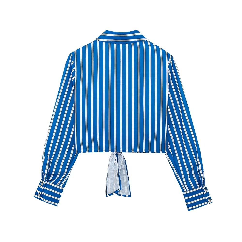 Summer Wind Women Long Sleeve Bow Tie Striped Shirt