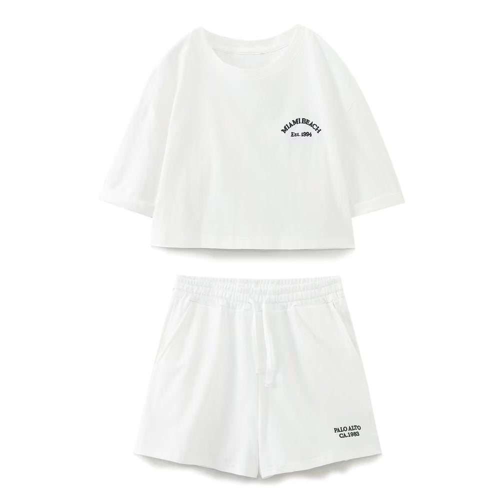 Summer Women Printed T shirt Text Decorative Flock Shorts