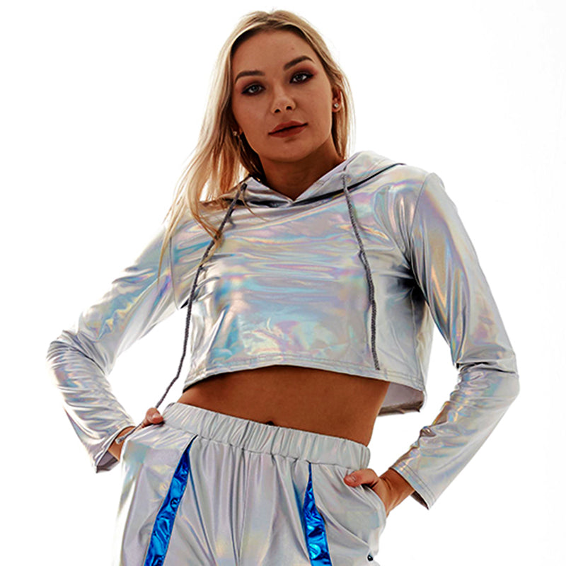 Bright Leather Sexy Cropped Long Sleeve Pullover Loose Short Hood Sweatshirt