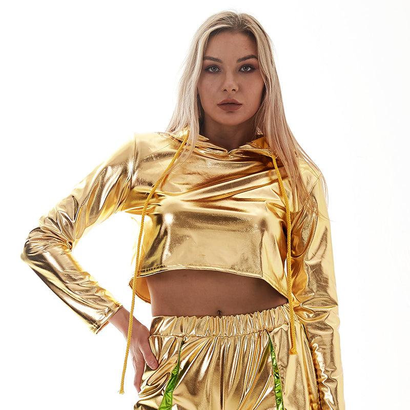 Bright Leather Sexy Cropped Long Sleeve Pullover Loose Short Hood Sweatshirt