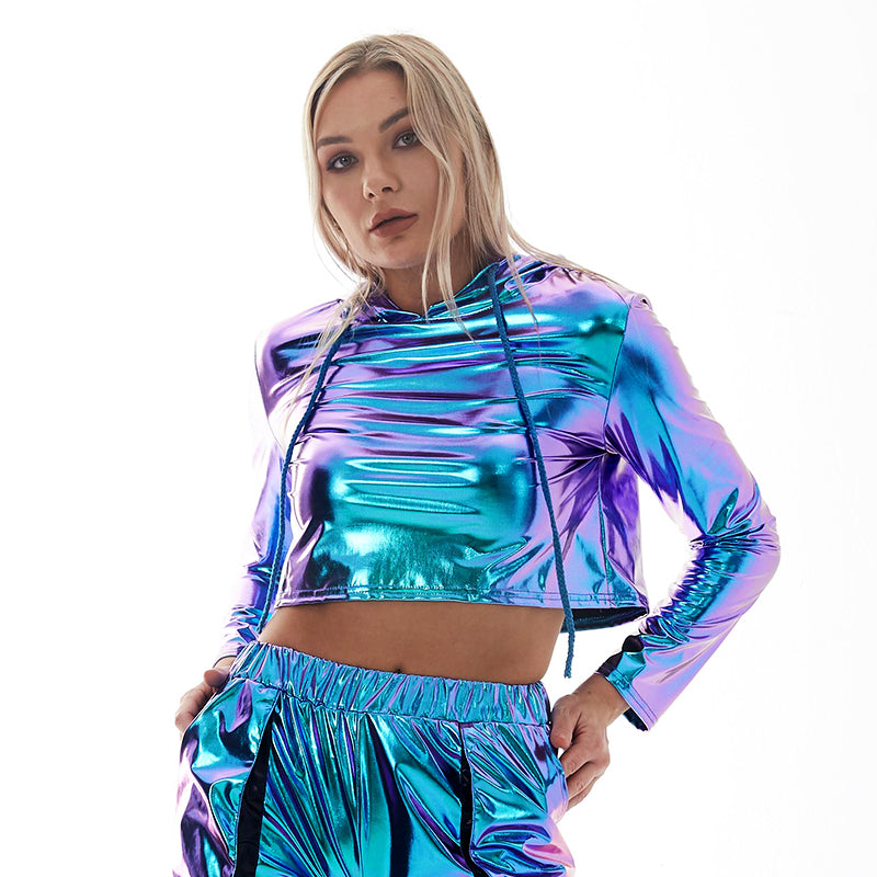 Bright Leather Sexy Cropped Long Sleeve Pullover Loose Short Hood Sweatshirt