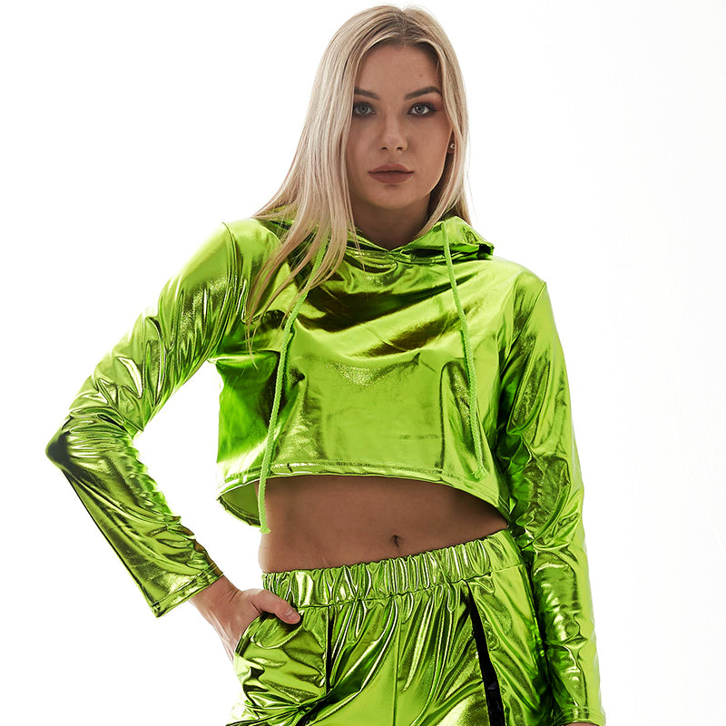 Bright Leather Sexy Cropped Long Sleeve Pullover Loose Short Hood Sweatshirt