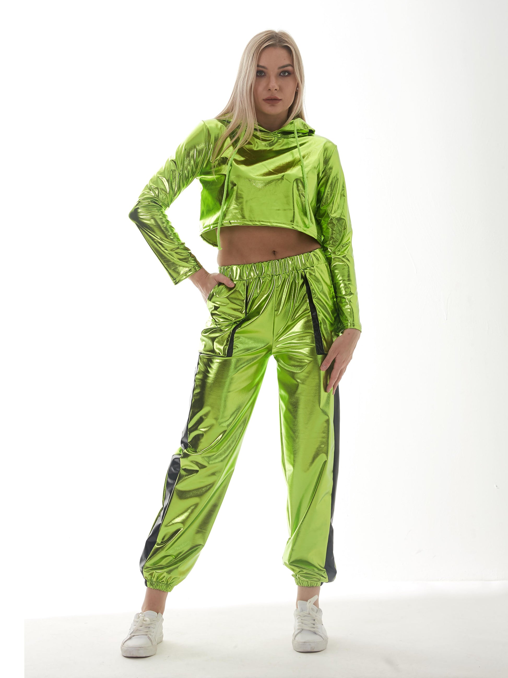 Bright Leather Sexy Cropped Long Sleeve Pullover Loose Short Hood Sweatshirt
