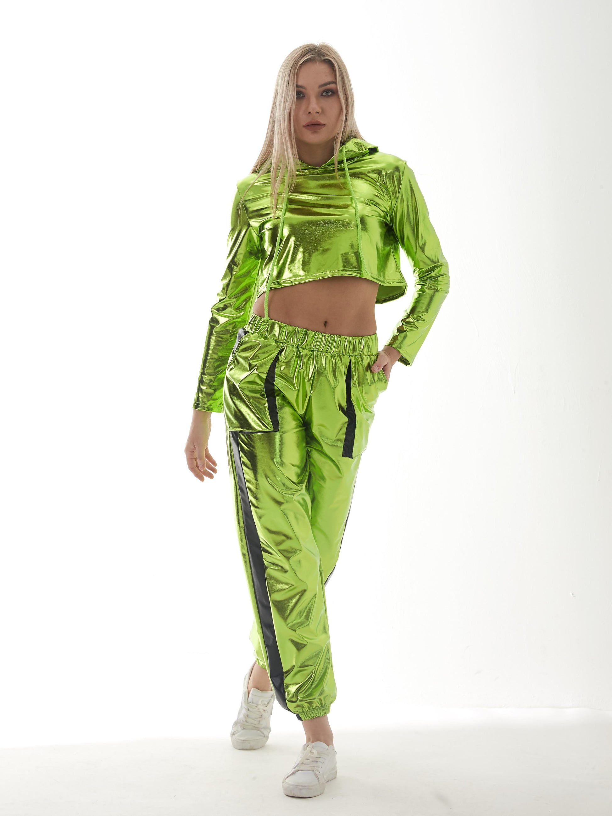 Bright Leather Sexy Cropped Long Sleeve Pullover Loose Short Hood Sweatshirt
