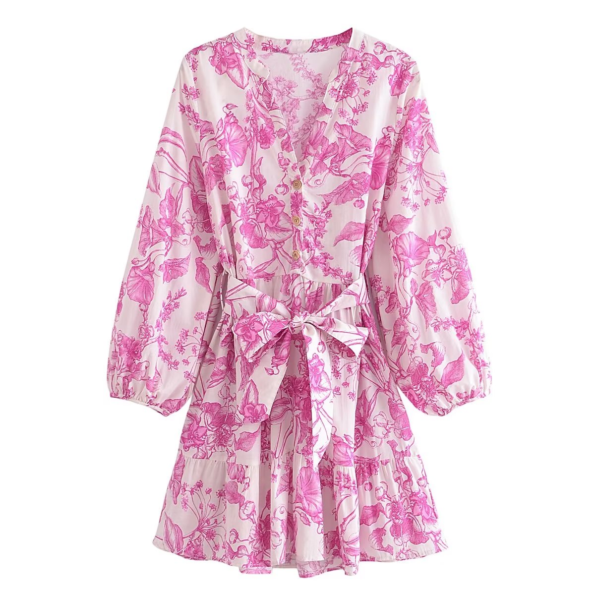 Summer Women V Neck Floral Print Lace Up Nipped Waist Shorts Dress