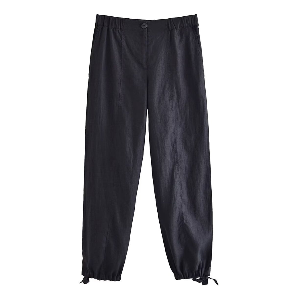 Summer Women Clothing Elastic Waist Bowknot Decoration Linen Pants