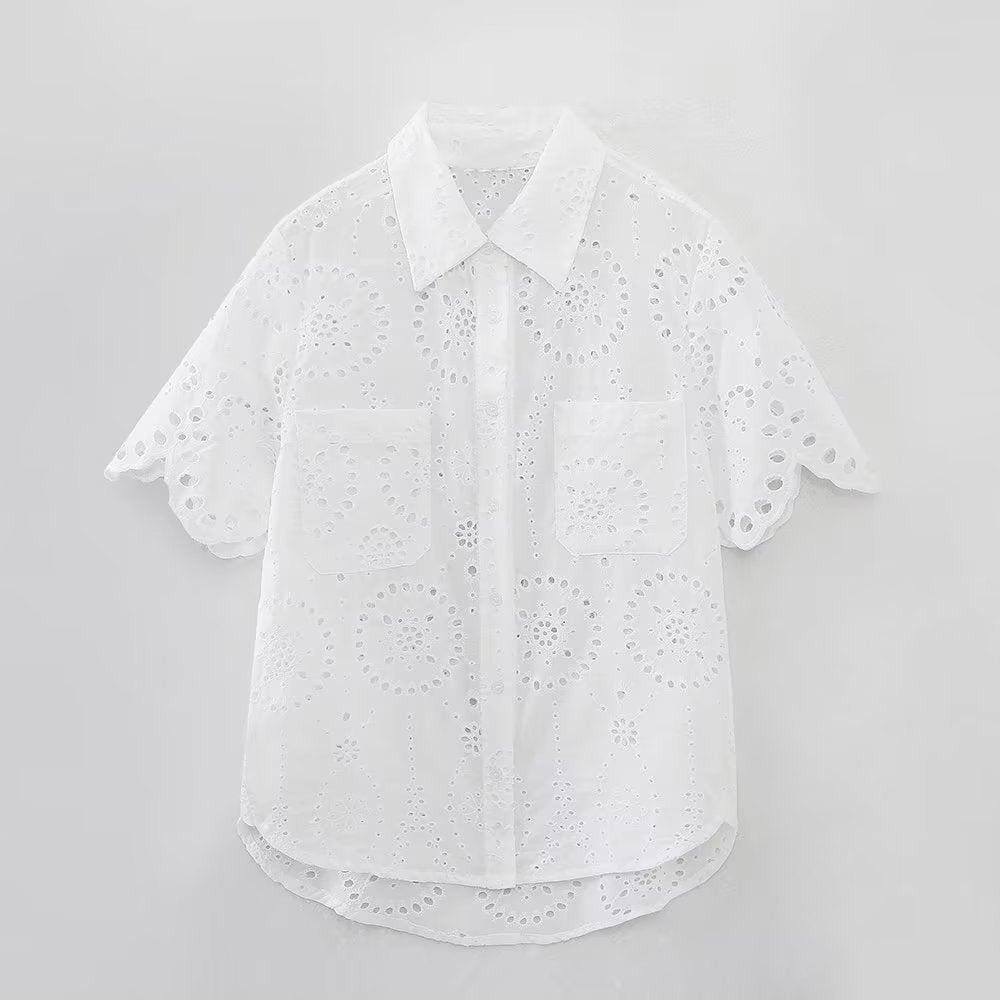 Summer Women Casual Hollow Out Cutout Embroidered Shirt Shorts Suit