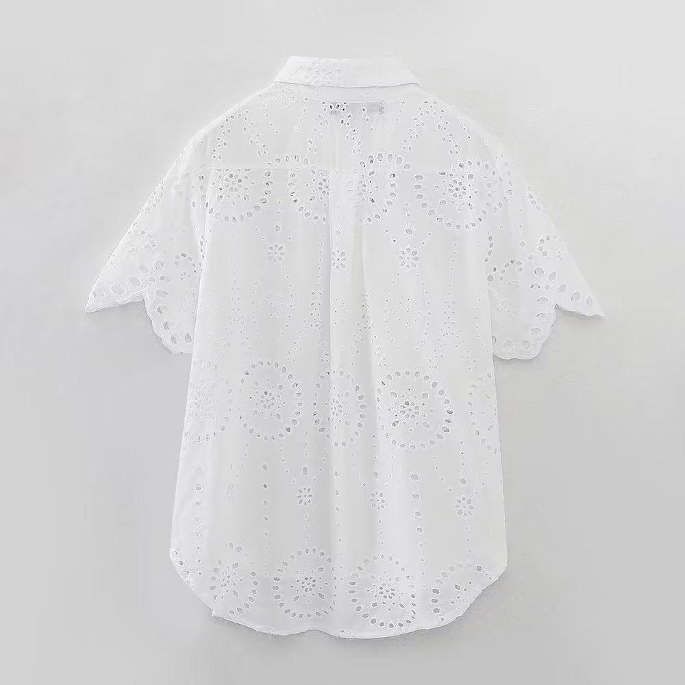 Summer Women Casual Hollow Out Cutout Embroidered Shirt Shorts Suit