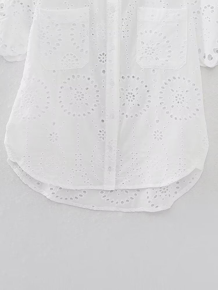 Summer Women Casual Hollow Out Cutout Embroidered Shirt Shorts Suit