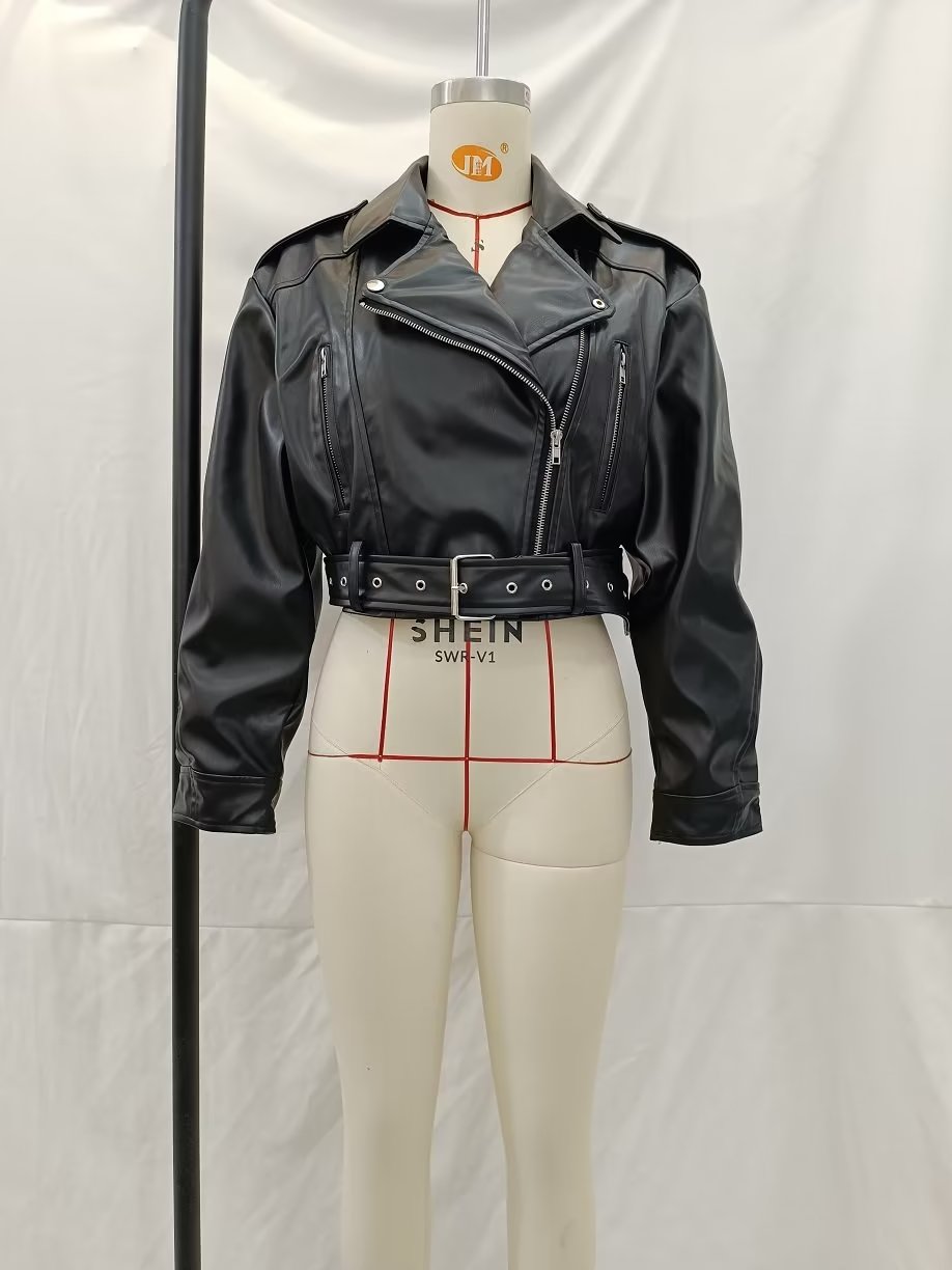 Spring Women Clothing Zipper Ornament Motorcycle Leather Coat Black Leather Jacket Coat
