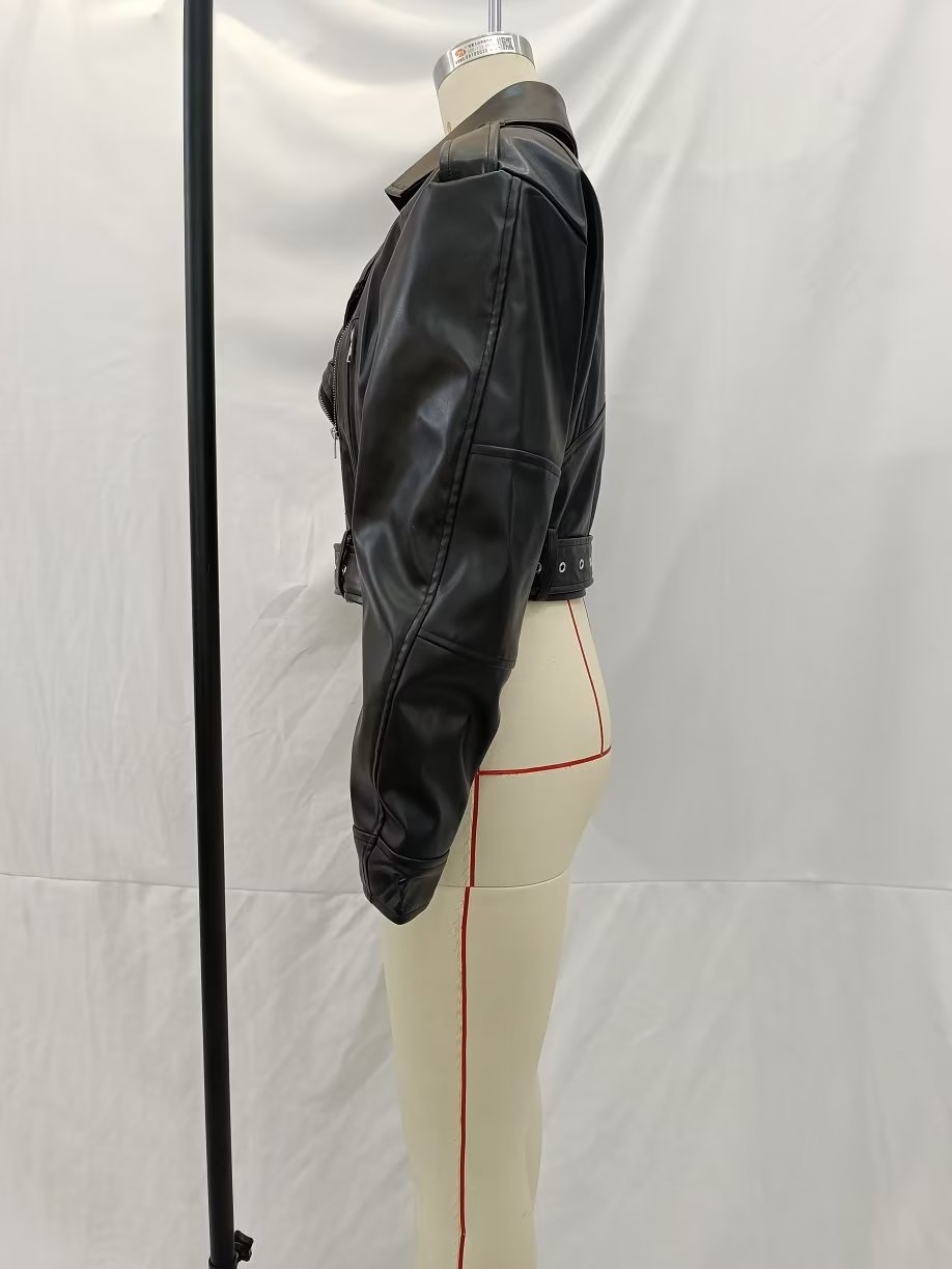 Spring Women Clothing Zipper Ornament Motorcycle Leather Coat Black Leather Jacket Coat