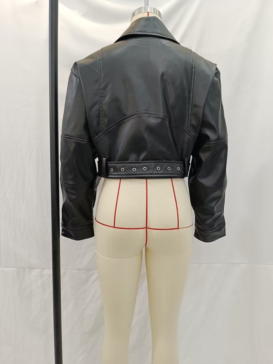 Spring Women Clothing Zipper Ornament Motorcycle Leather Coat Black Leather Jacket Coat