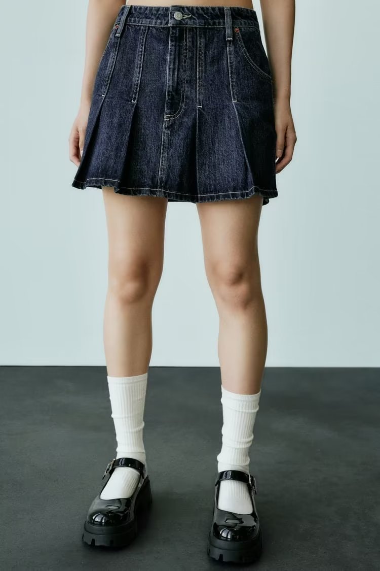 Sexy Small Pleated Denim Skirt Autumn High Waist Slimming A line Skirt Niche Skirt