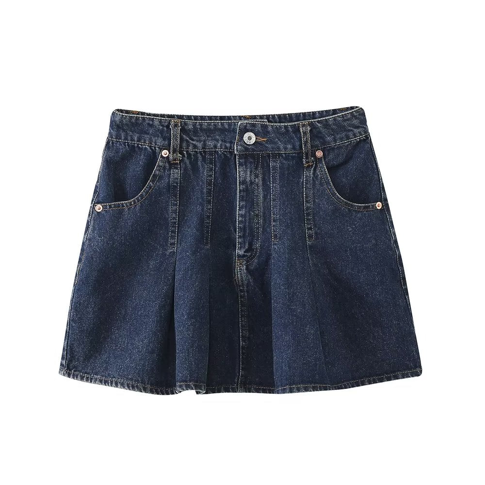 Sexy Small Pleated Denim Skirt Autumn High Waist Slimming A line Skirt Niche Skirt