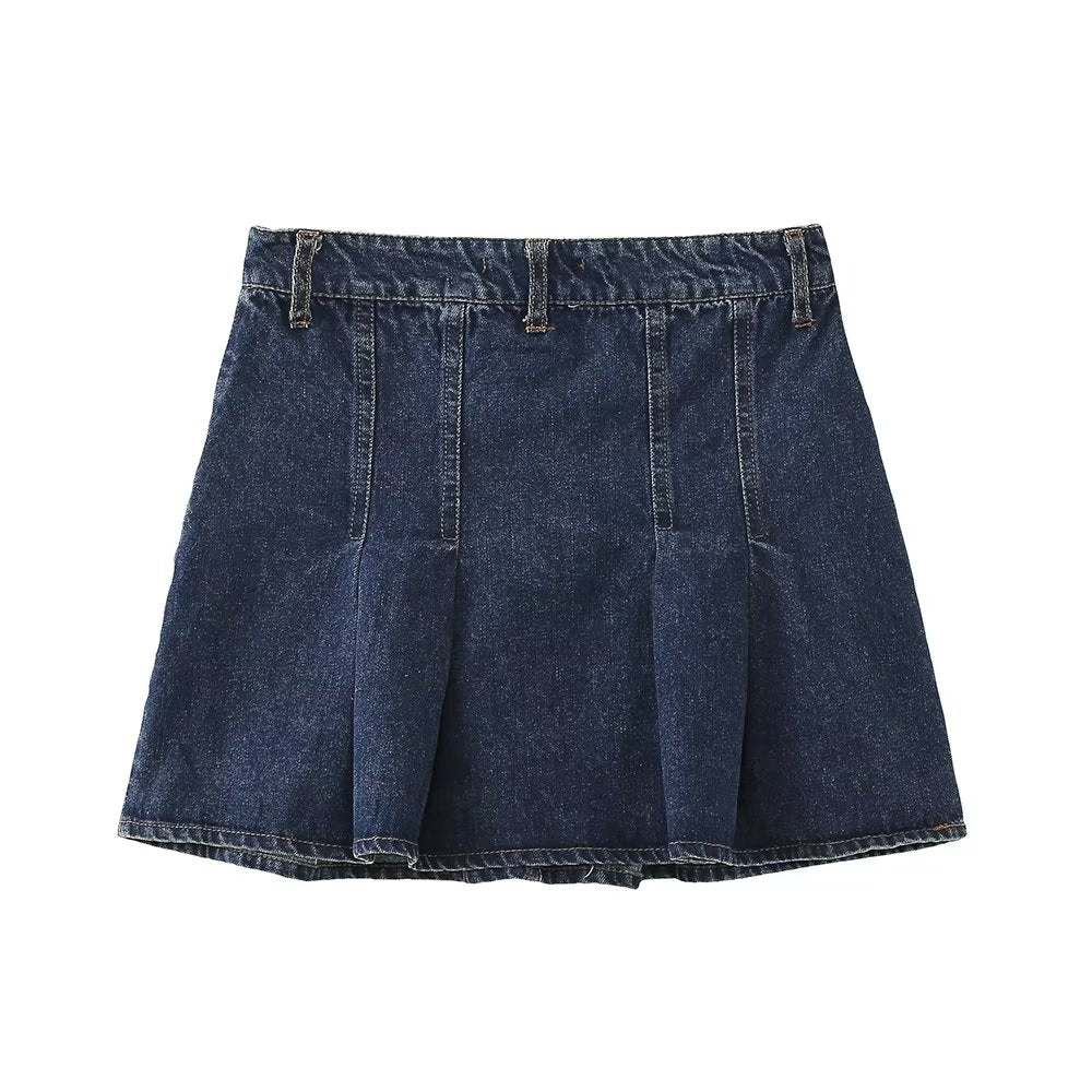 Sexy Small Pleated Denim Skirt Autumn High Waist Slimming A line Skirt Niche Skirt