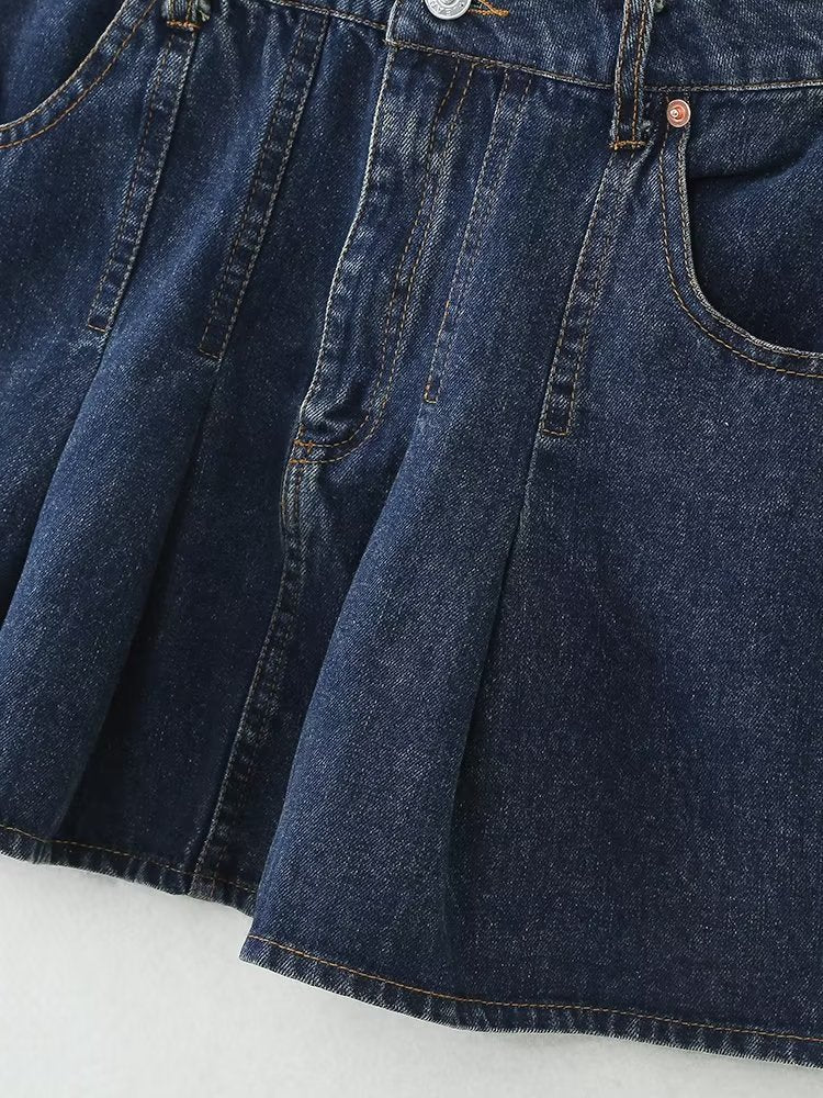 Sexy Small Pleated Denim Skirt Autumn High Waist Slimming A line Skirt Niche Skirt