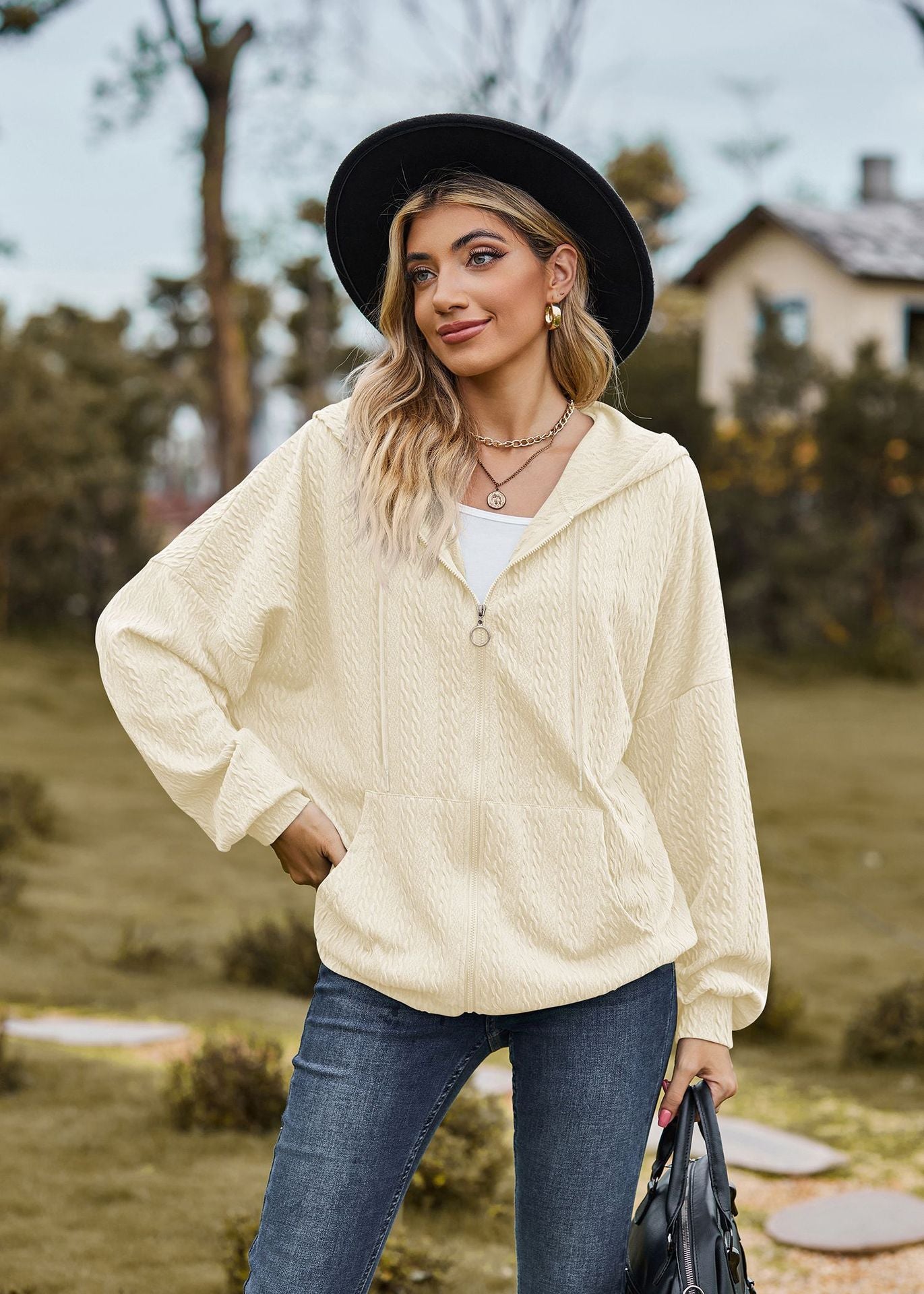 Autumn Winter Solid Color Pocket Long Sleeve Loose Hooded Sweatshirt Women Coat