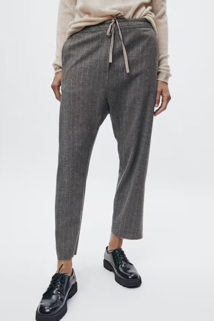 Spring Autumn Gray Herringbone Twill High Waist Wide Leg Trousers