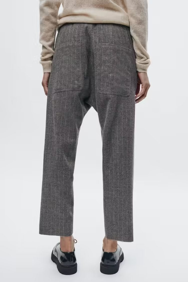 Spring Autumn Gray Herringbone Twill High Waist Wide Leg Trousers