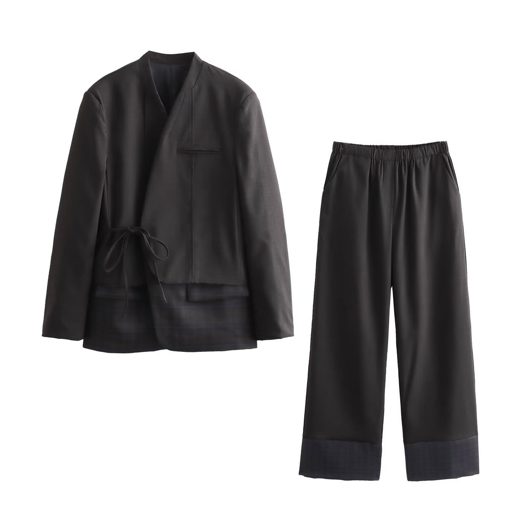 Women Plaid Kimono Coat Stitching Pants Sets