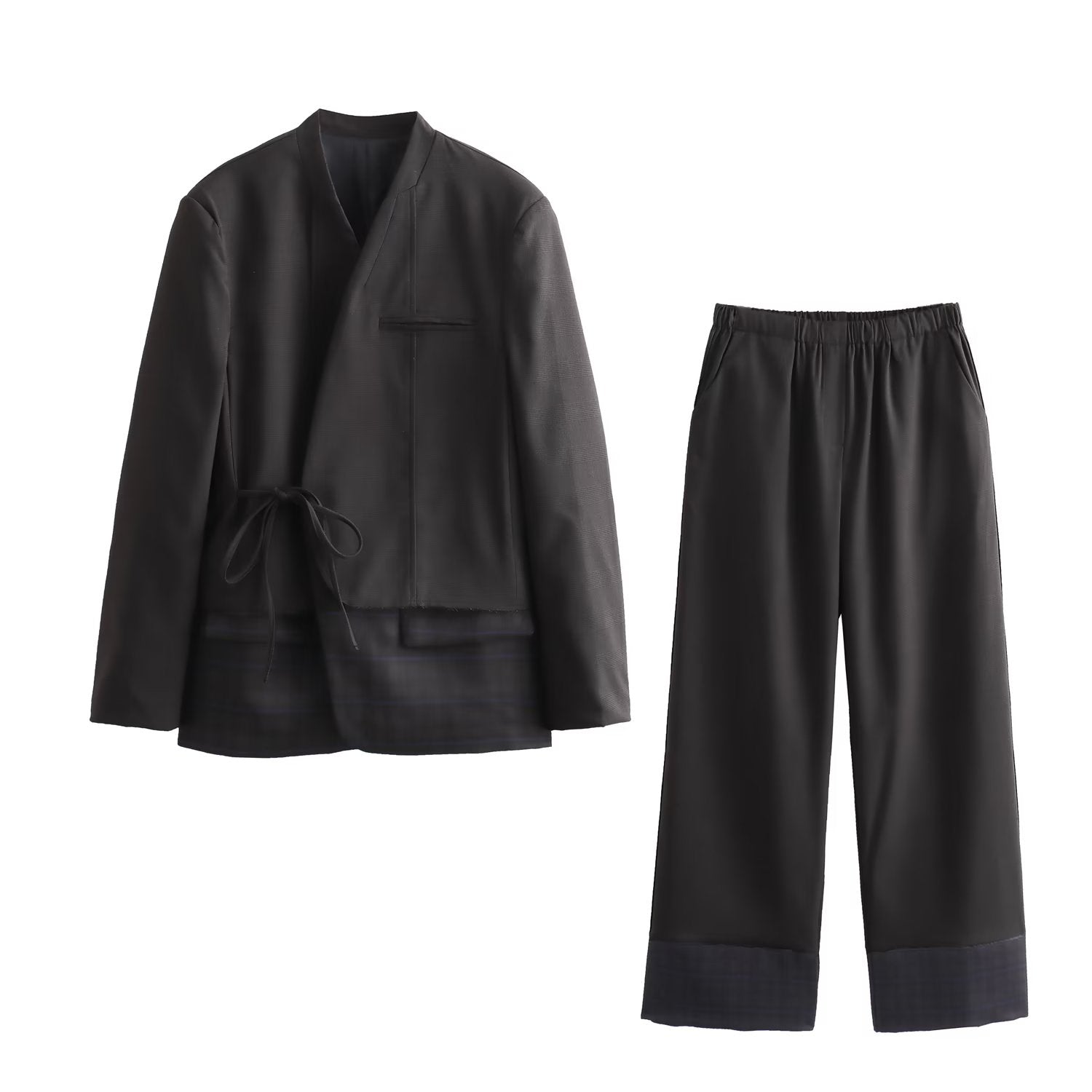 Women Plaid Kimono Coat Stitching Pants Sets