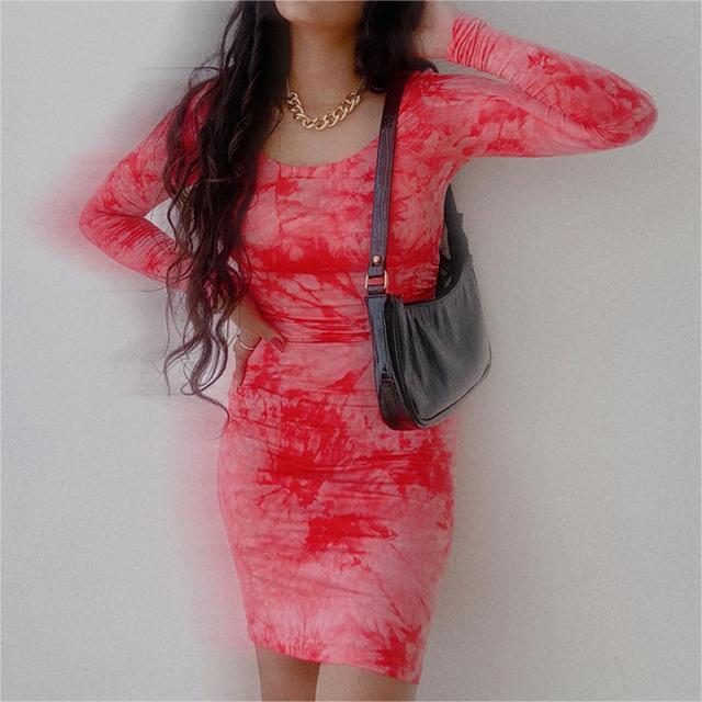 Sexy Tie Dyed Printed Round Neck Pullover Long Sleeve Short Hip Hugger Dress Slim Fit