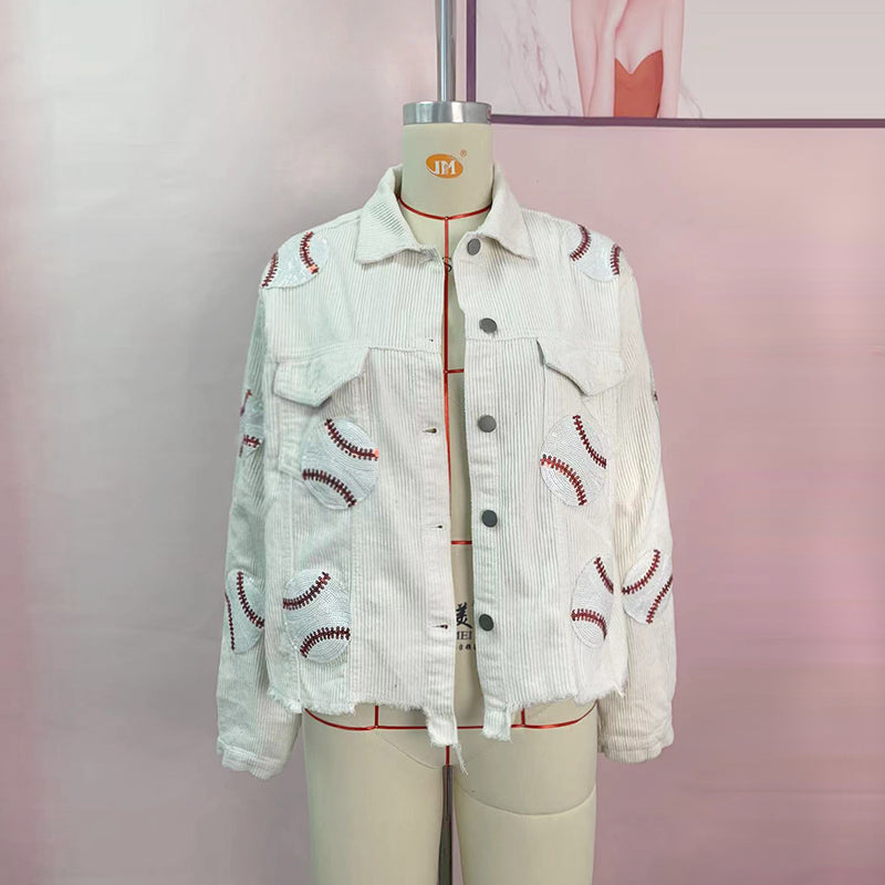 Popular Distressed Corduroy Jacket Women Baseball Sequined Jacket Tops Outerwear