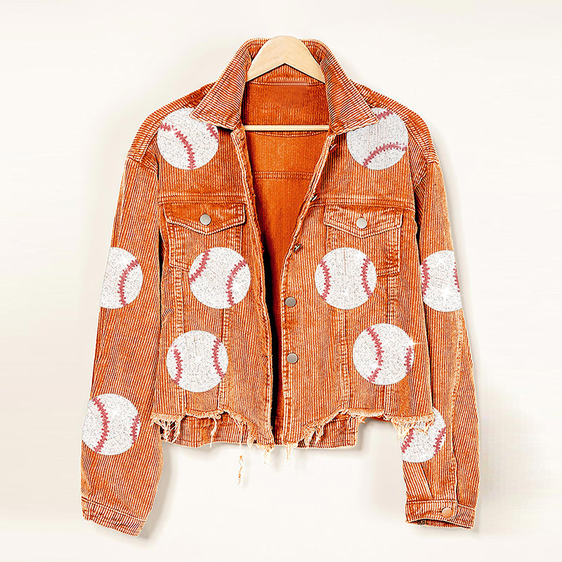 Popular Distressed Corduroy Jacket Women Baseball Sequined Jacket Tops Outerwear