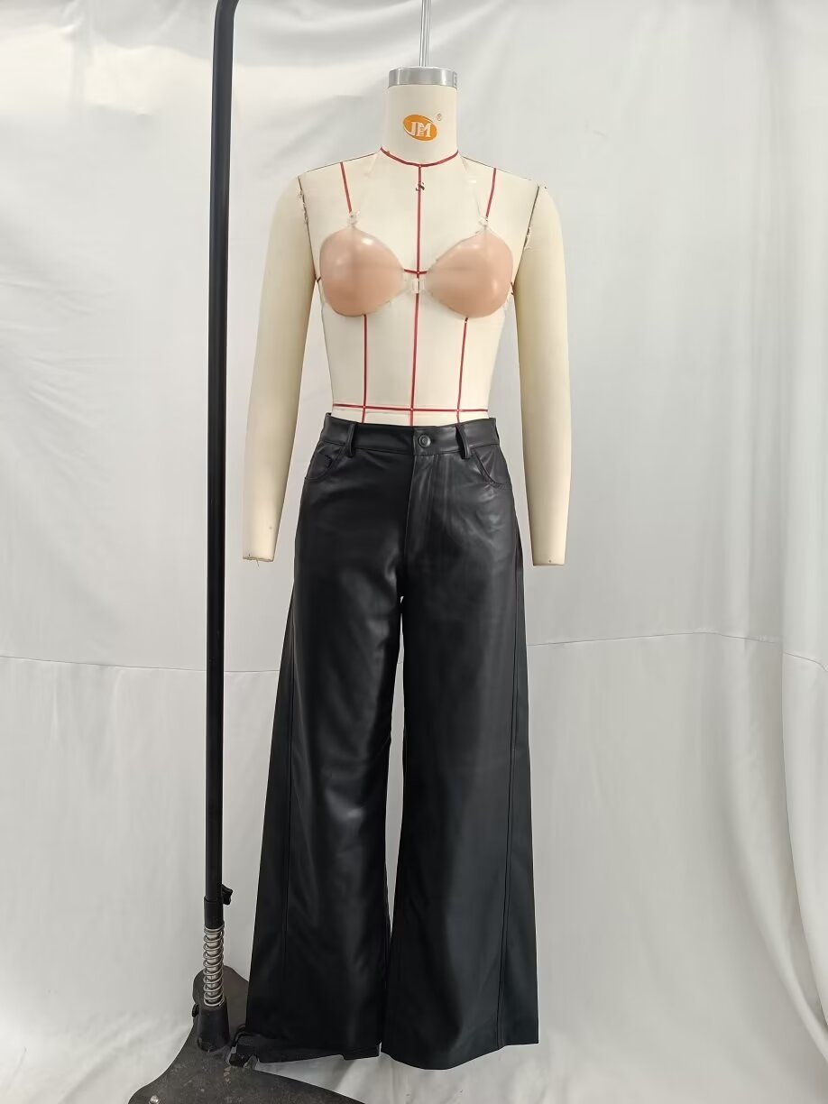 Women Autumn Faux Leather Pants Faux Leather Straight Leg Pants Casual Pants