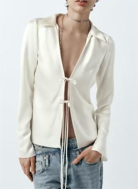 Women Clothing French Bowknot Decoration Silk Satin Textured Shirt