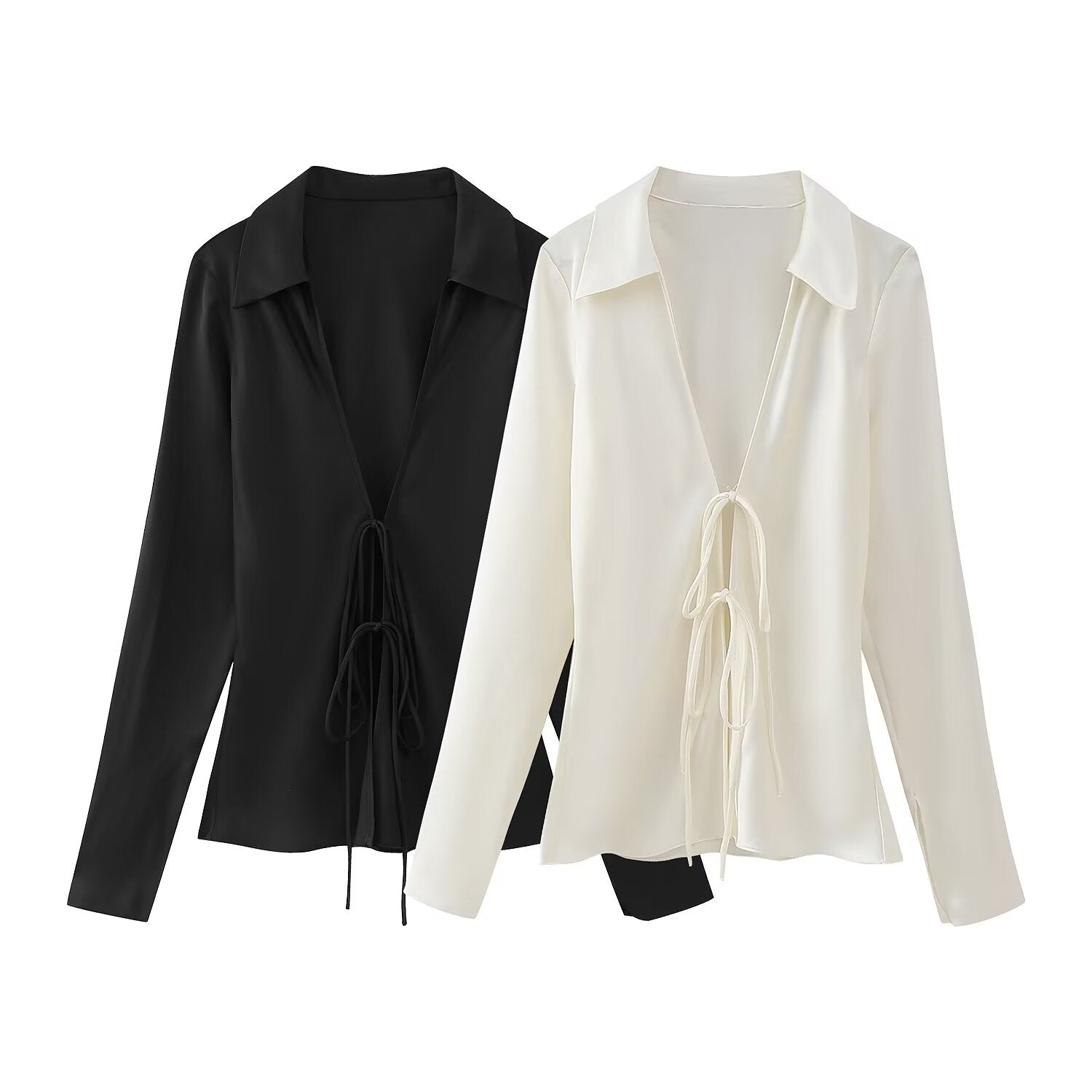 Women Clothing French Bowknot Decoration Silk Satin Textured Shirt
