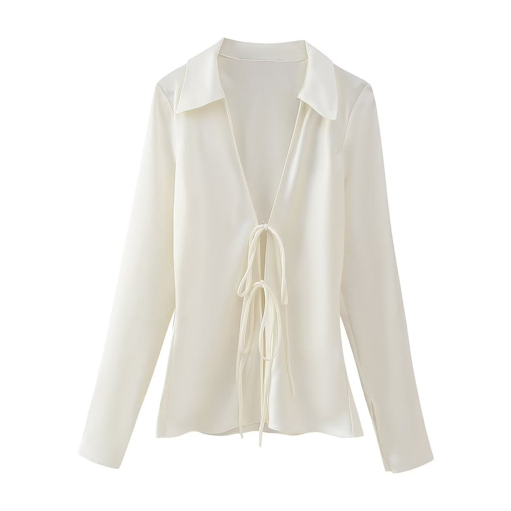 Women Clothing French Bowknot Decoration Silk Satin Textured Shirt