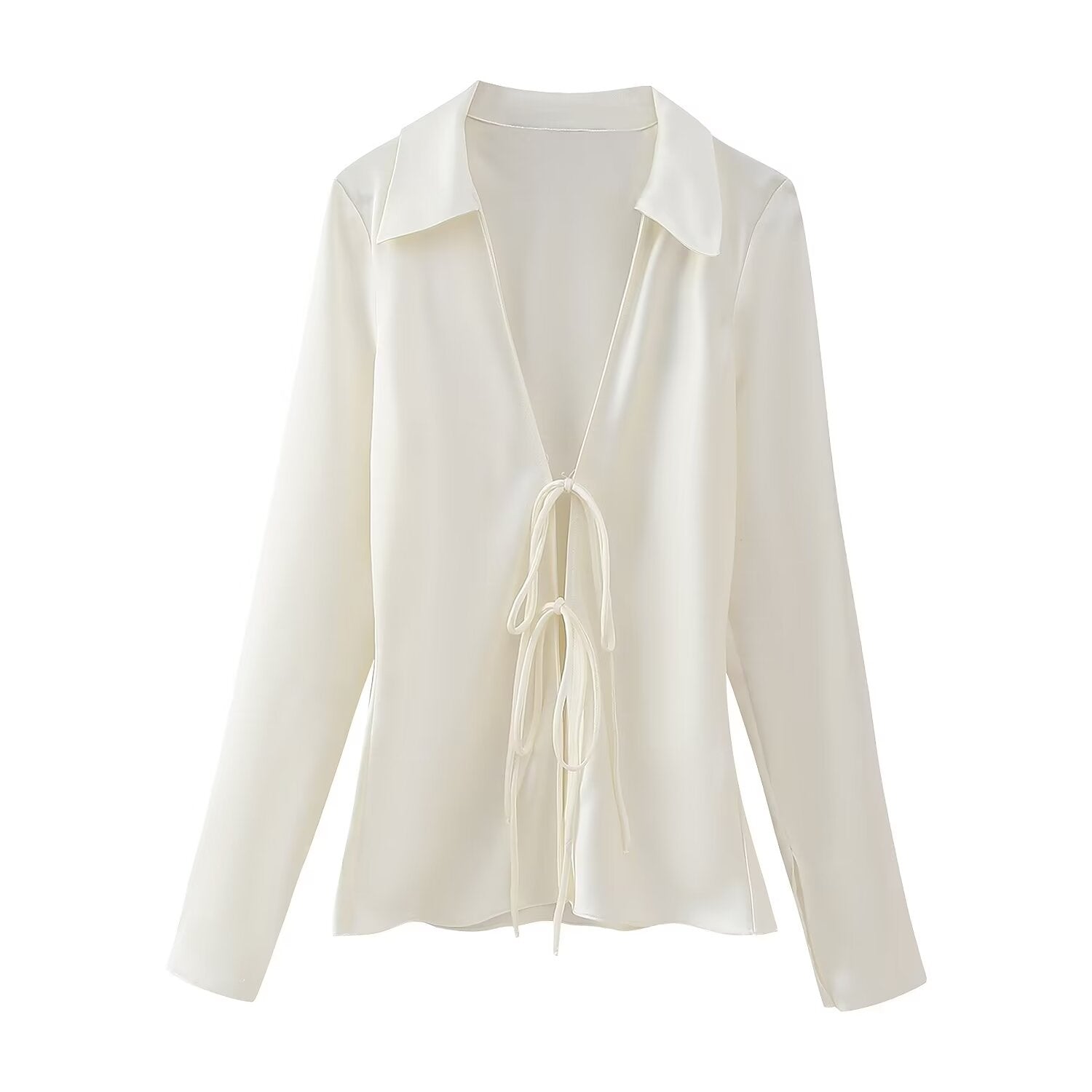 Women Clothing French Bowknot Decoration Silk Satin Textured Shirt