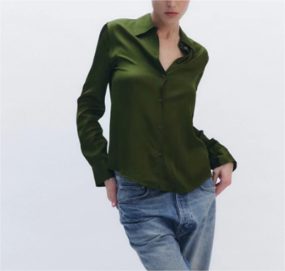 Winter Women Clothing Casual All Match Silk Satin Textured Shirt