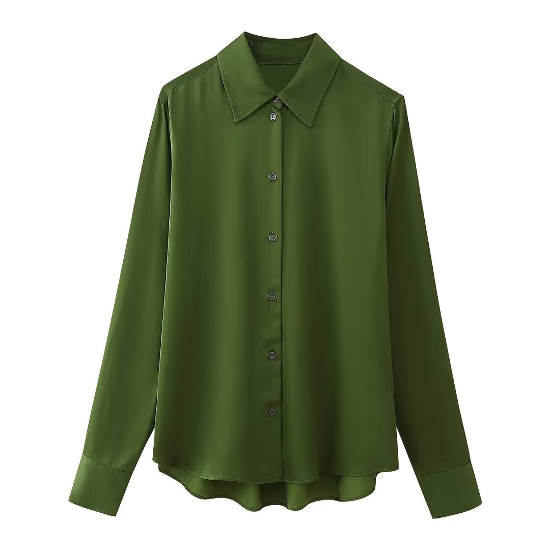 Winter Women Clothing Casual All Match Silk Satin Textured Shirt