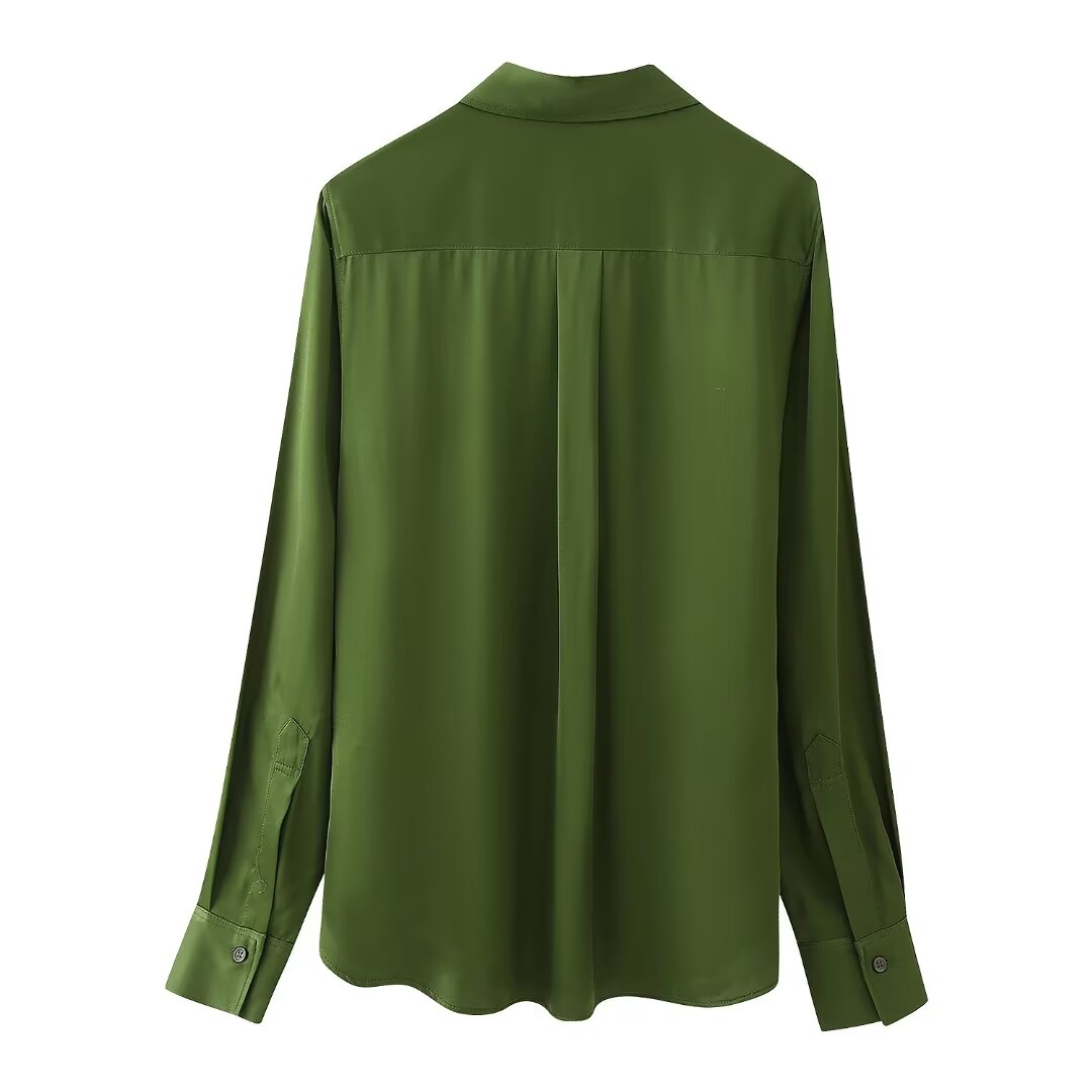 Winter Women Clothing Casual All Match Silk Satin Textured Shirt