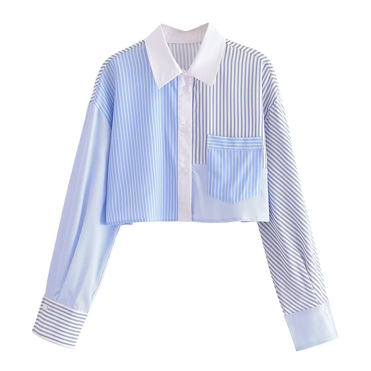 Summer Women Turn down Collar Patchwork Striped Long Sleeve Short Shirt Top