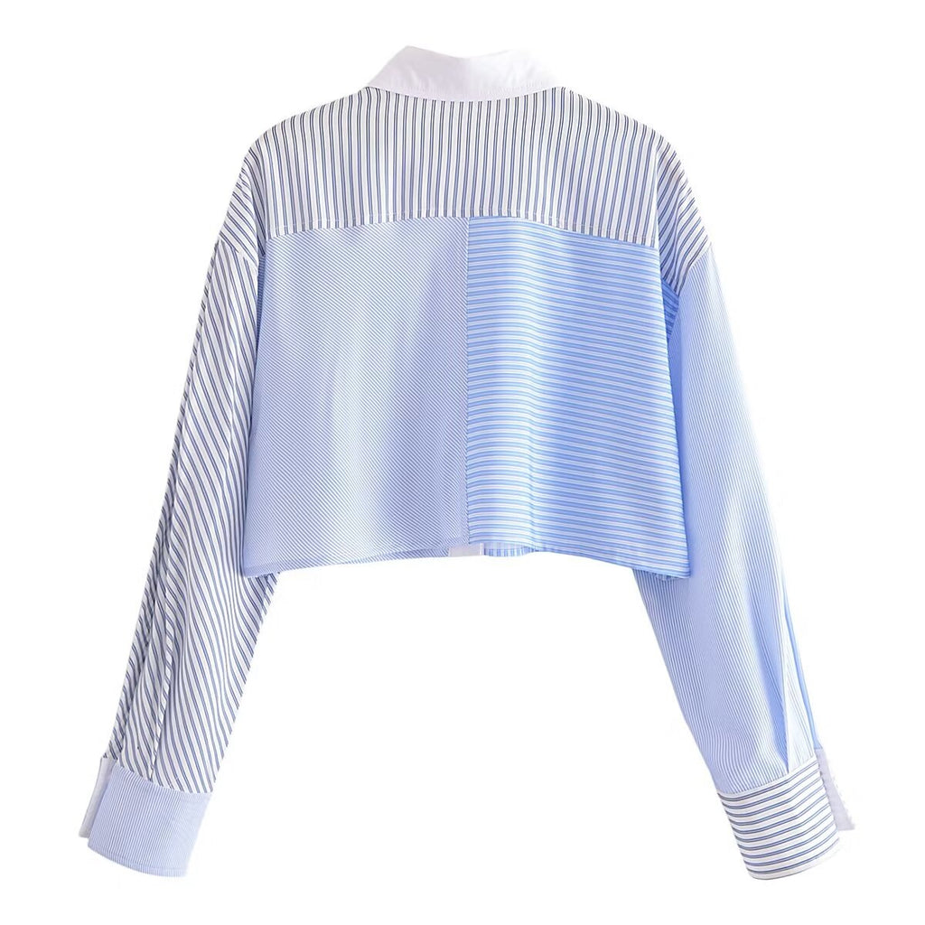 Summer Women Turn down Collar Patchwork Striped Long Sleeve Short Shirt Top