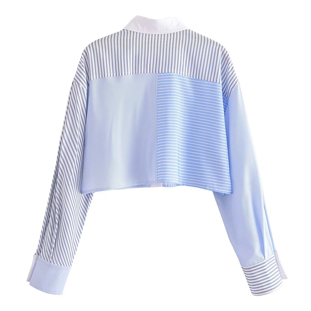 Summer Women Turn down Collar Patchwork Striped Long Sleeve Short Shirt Top