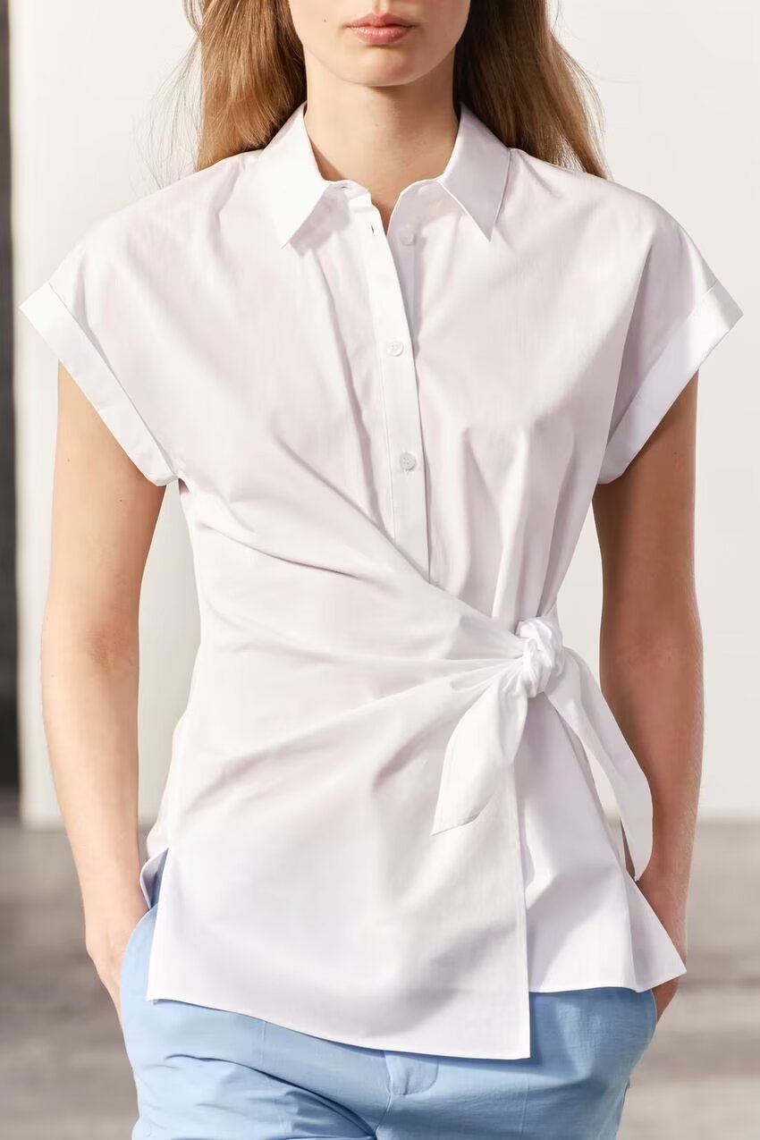 Spring Summer Type Elegant Retro Design Lace up White Shirt Poplin Shirt Women Tops