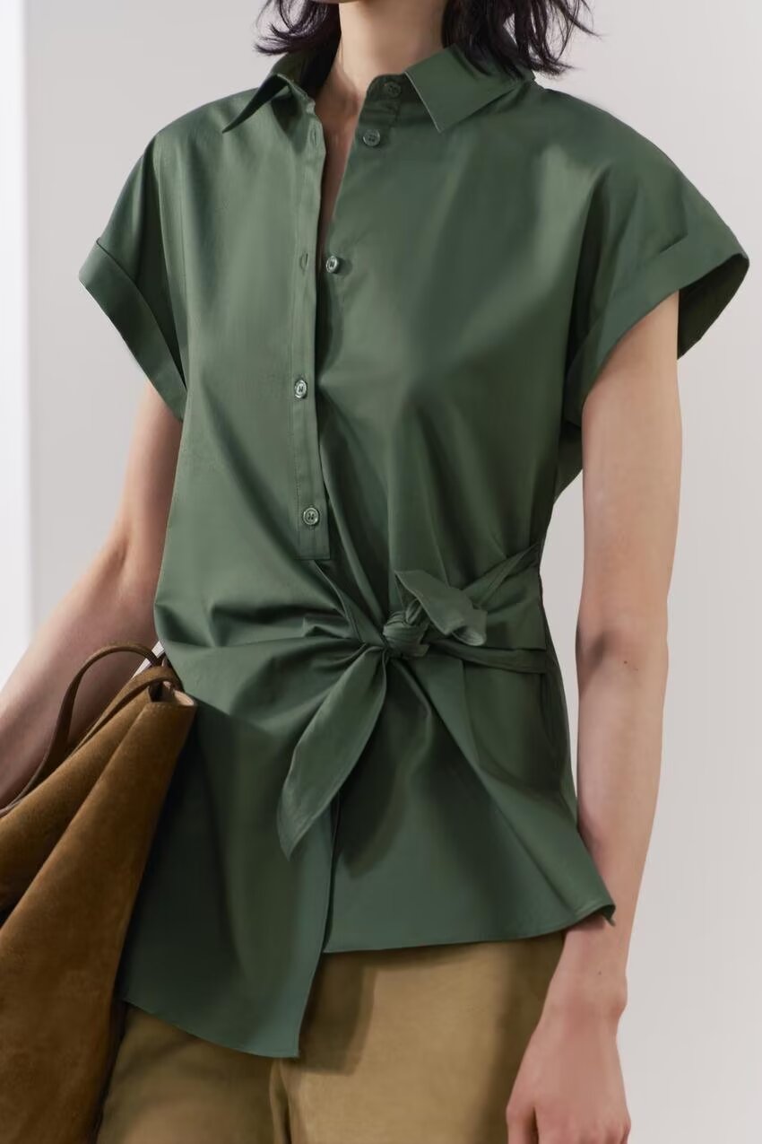 Spring Women Solid Color Slim Fit Short Sleeve with Knot Details Poplin Shirt