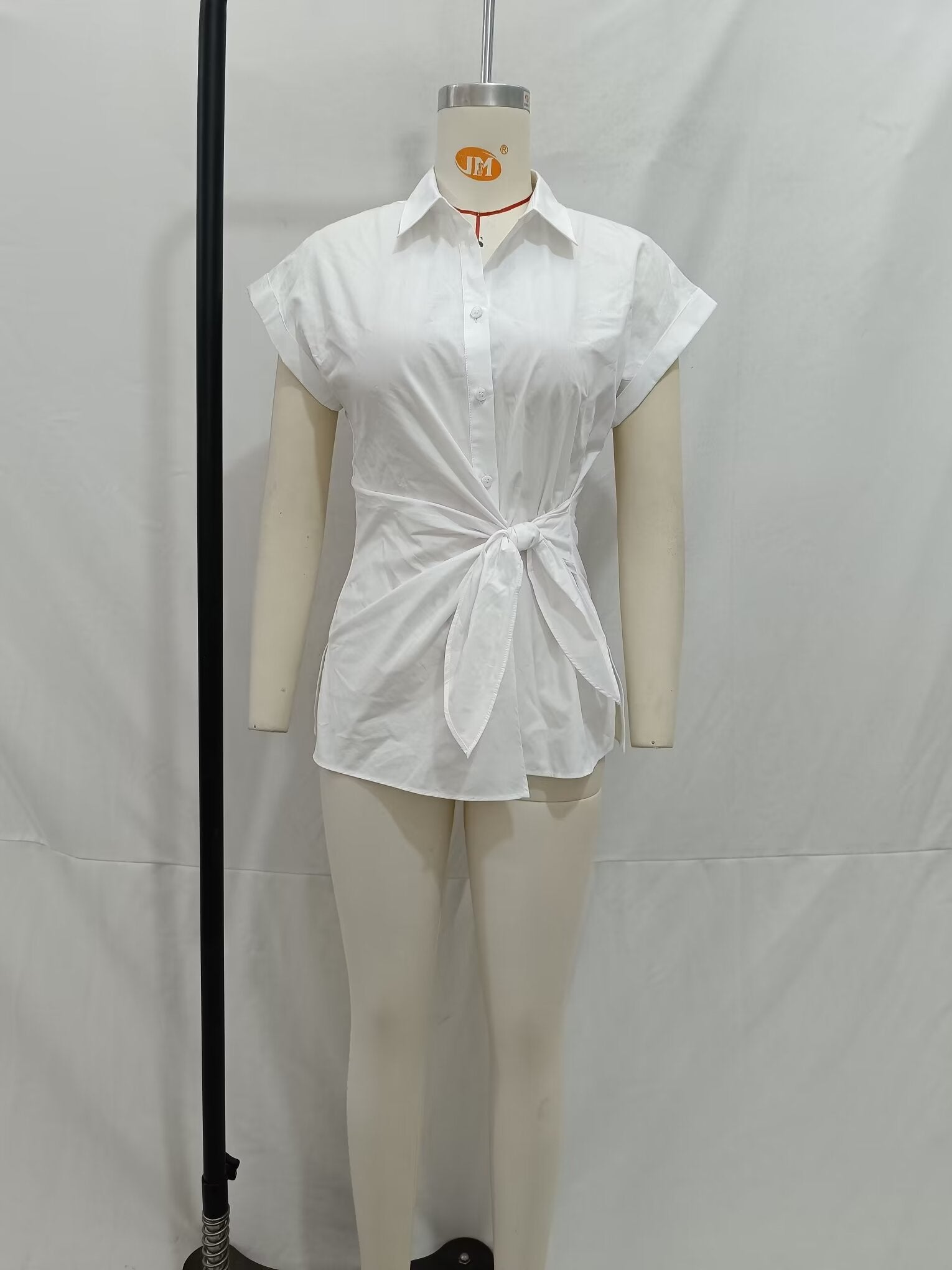 Spring Women Solid Color Slim Fit Short Sleeve with Knot Details Poplin Shirt