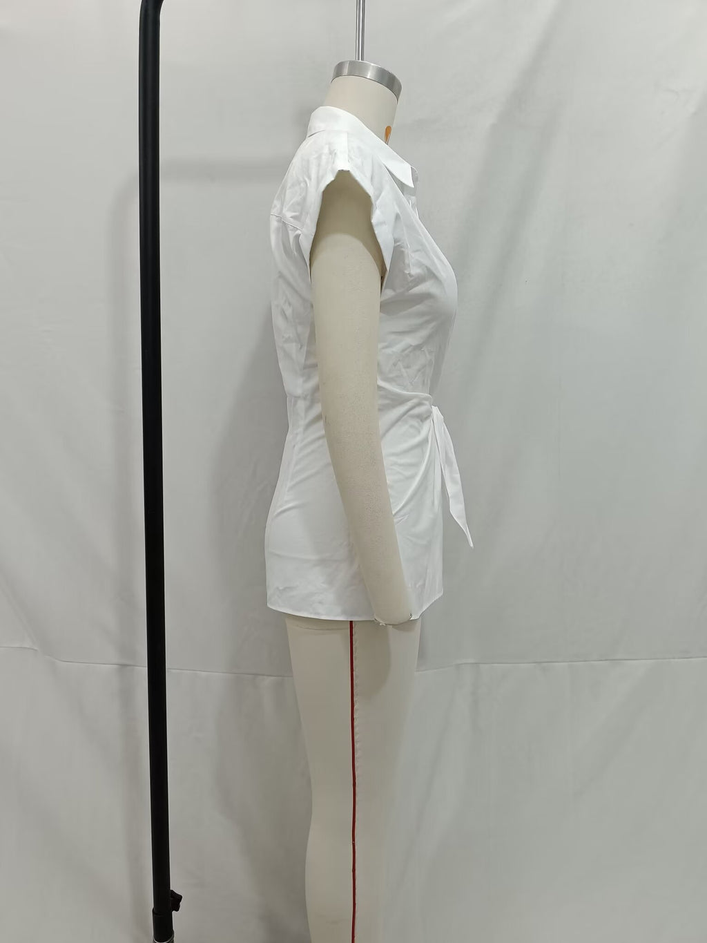 Spring Women Solid Color Slim Fit Short Sleeve with Knot Details Poplin Shirt