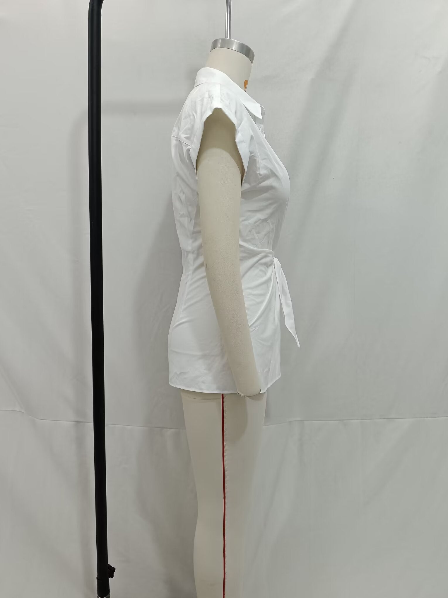 Spring Women Solid Color Slim Fit Short Sleeve with Knot Details Poplin Shirt