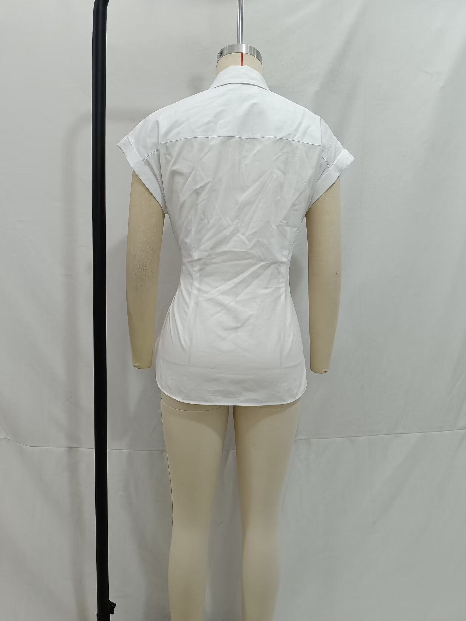Spring Women Solid Color Slim Fit Short Sleeve with Knot Details Poplin Shirt