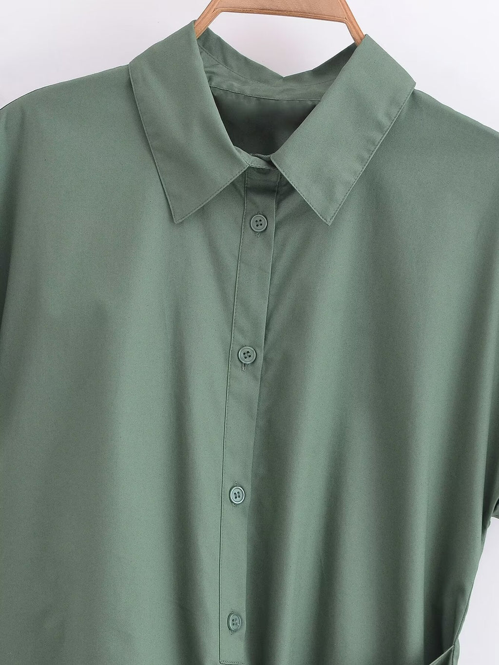 Spring Women Solid Color Slim Fit Short Sleeve with Knot Details Poplin Shirt