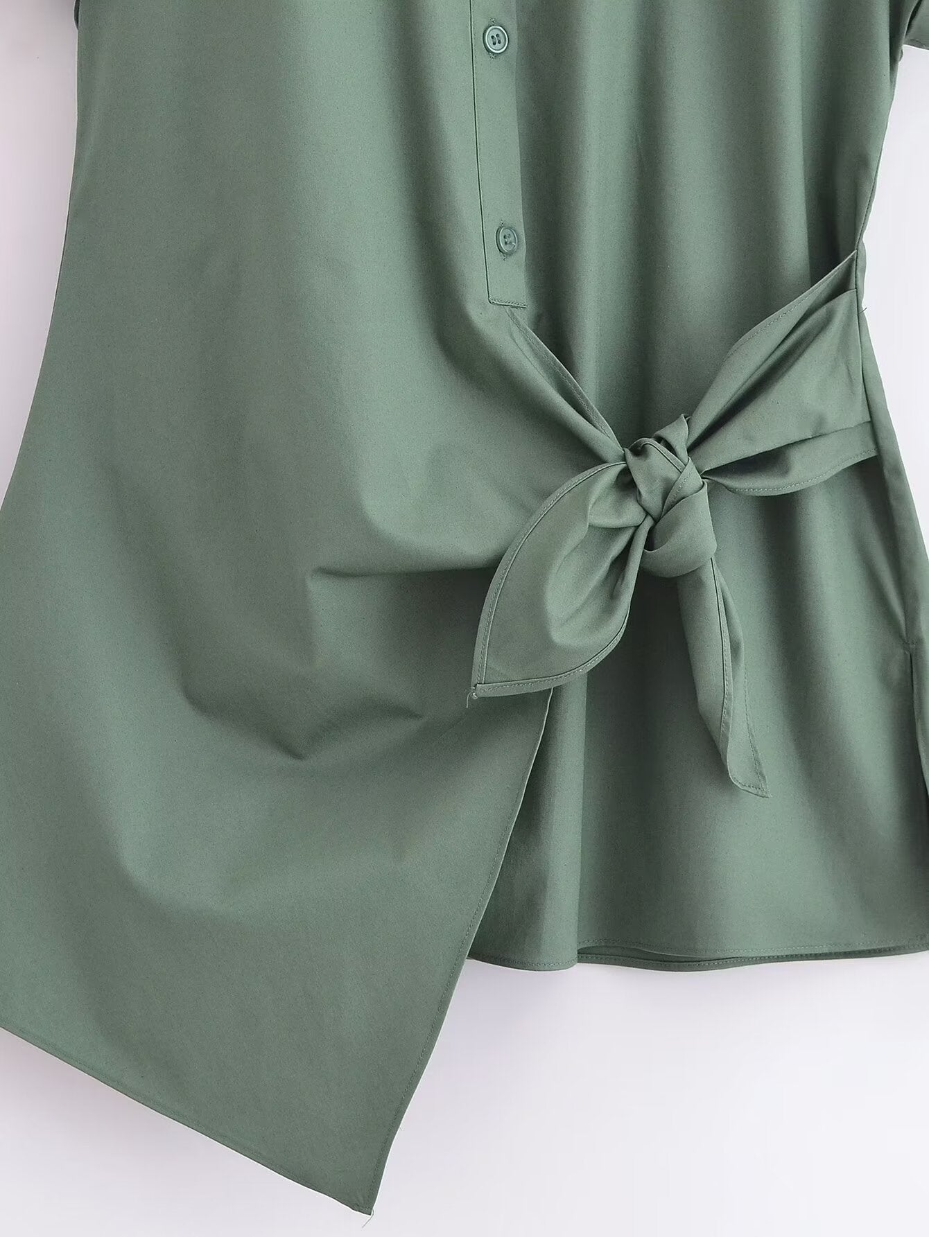 Spring Women Solid Color Slim Fit Short Sleeve with Knot Details Poplin Shirt